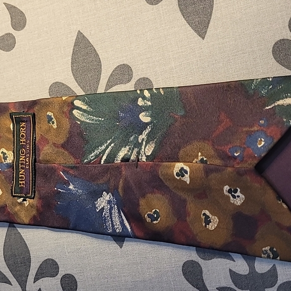 Hunting Horn Classics Burgandy Silk Tie with Green, Blue, and Gold Flowers - Picture 2 of 3